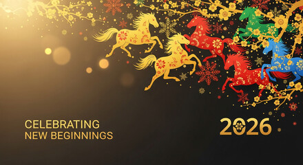 Colorful horse illustration with floral pattern on dark background, plum blossom branch and snowflake.Symbolizes upcoming 2026 year, new beginning
