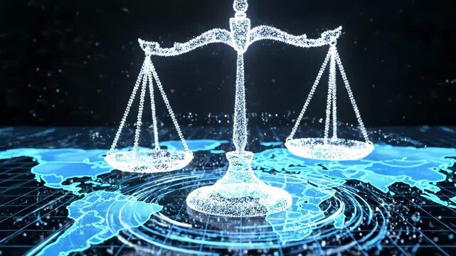 Digital scales of justice hovering over a glowing global map