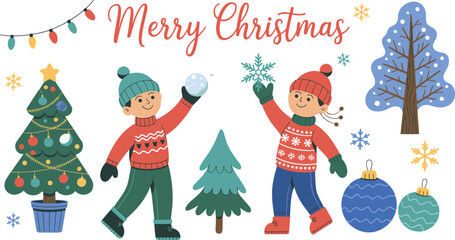 Cartoon Christmas scene with children, snowflakes, trees, ornaments, and festive lights for holiday celebration and design themes.