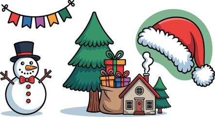 Cartoon Christmas scene with snowman, Santa hat, pine trees, house, gifts, and festive decorations for holiday illustration themes.
