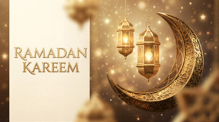 3D render of a Ramadan Kareem greeting card or banner, featuring a rich, warm, and luxurious aesthetic