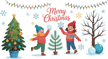 Cartoon Christmas scene with children, snow, trees, lights, and &ldquo;Merry Christmas&rdquo; text for festive holiday illustration themes.