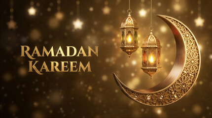 3D render of a Ramadan Kareem greeting card or banner, featuring a rich, warm, and luxurious aesthetic