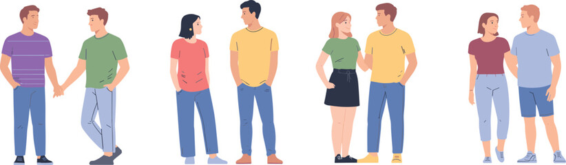 Cartoon couple character set with diverse outfits and interactions for relationship, lifestyle, and social illustration themes.