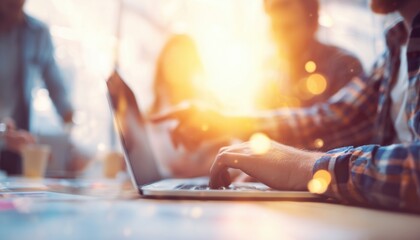 Coworking Team Meeting: Young Businessmen Working On New Startup Project In Bright Office, Man Directing Attention To Laptop Screen With Blurred Flare Effects.