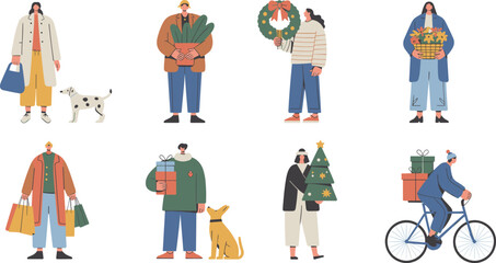 Cartoon holiday activity set with diverse characters, gifts, wreaths, pets, and decorations for Christmas lifestyle themes.