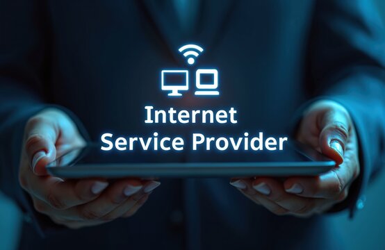 Business pro holds tablet with Internet Service Provider text. Wifi, computer icons glow on screen. Digital display highlights tech service, network connection, global communications for customers.