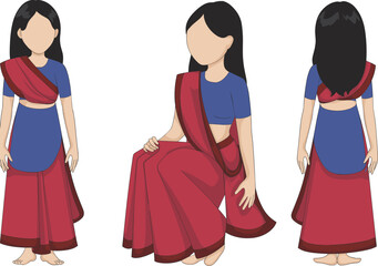 Cartoon Indian half saree character in front, side, and back views for cultural, fashion, and educational illustration themes.