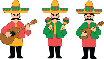 Cartoon Mexican musician character set with sombreros, instruments, and festive attire for cultural, music, and celebration themes.