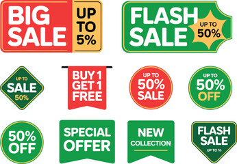 Cartoon sale tag and banner set with colorful discount labels for retail, promotion, and holiday marketing themes.