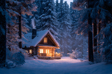 Cozy winter escape in snowy forest with illuminated rustic log cabin