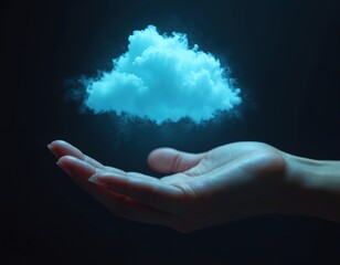 Hand holds cloud hologram in darkness. Cloud computing is future concept. Tech solution and innovation in network communication. Modern tech helps with data flow, processing and storage.