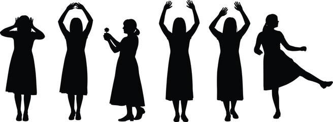 Cartoon silhouette set of expressive poses with gestures, flower, and movement for lifestyle, dance, and communication themes.