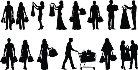 Cartoon shopping silhouette set with people holding bags, carts, and clothing for retail, lifestyle, and consumer themes.