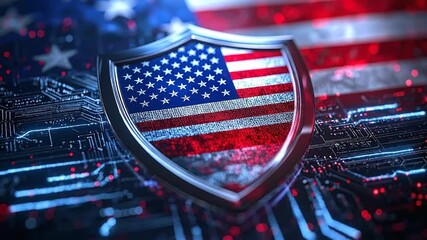 Vibrant depiction of the United States flag within a protective metallic shield, symbolizing national digital security and cybersecurity defense in a technologically advanced landscape - Powered by Adobe