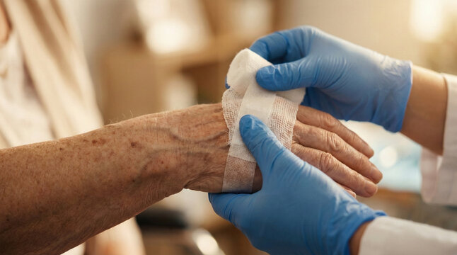Doctor in blue gloves applying bandage to elderly patient wrist. Close-up of medical care and first aid procedure in hospital