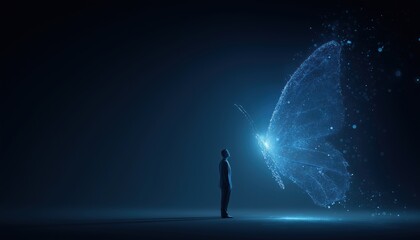 Global Business Economy: Blue Digital Butterfly With Glowing Particles Effect In Connectivity And Virtual Reality Theme. Copy Space Included.