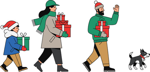 Cartoon winter holiday scene with family, dog, and gift boxes for festive Christmas, lifestyle, and celebration themes.