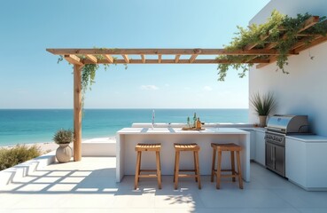 Fototapeta premium Modern outdoor kitchen setup on sunny sea beach with white counter bar grill and wooden stools. Offers clear ocean view perfect for resort dining or summer party.