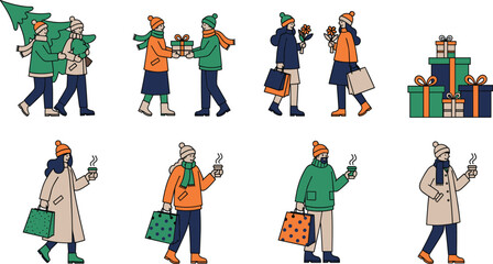 Cartoon winter holiday activity set with diverse characters, gifts, pets, and decorations for Christmas lifestyle and celebration themes.