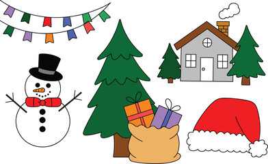 Cartoon winter holiday scene with snowman, house, pine trees, Santa hat, gifts, and flags for festive illustration themes.