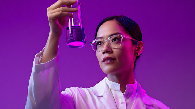 A woman scientist with glasses in a lab coat in front of a purple background, holds up a flask with a pink liquid, intently examining it, focused and determined.