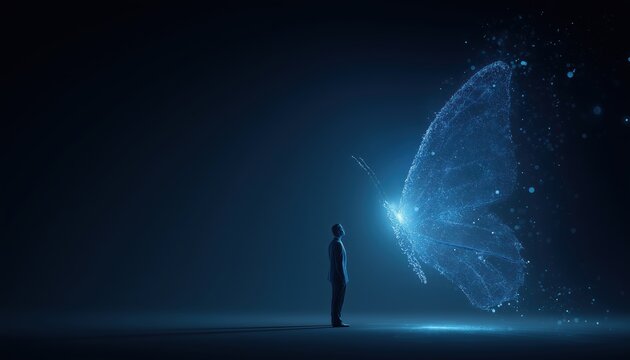 Global Business Economy: Blue Digital Butterfly With Glowing Particles Effect In Connectivity And Virtual Reality Theme. Copy Space Included. - Powered by Adobe