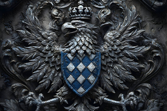Ornate medieval heraldic crest with crowned double-headed eagle and shield