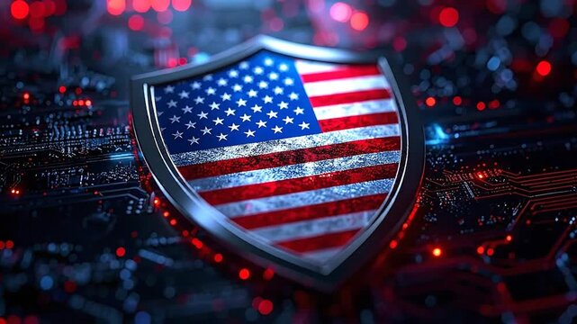 Digital security shield representing national defense and cyber protection against threats in a complex technological landscape, emphasizing data integrity