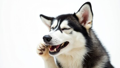 Fototapeta premium Close up portrait of a laughing husky dog with closed eyes. Black and white Siberian husky dog on white background, raising paw to mouth, showing teeth. Funny pet expression.