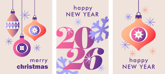 Merry Christmas and Happy New Year 2026 greeting cards, covers, posters. Bright and festive Christmas decorations with ornaments and gifts. Vector illustration.