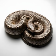 Obraz premium Intricate close-up of a curled serpent with detailed scales, showcasing its reptilian beauty and the fascinating patterns of its skin, on a white surface