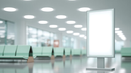 A modern interior space with a blank advertising display standing in front of rows of seating. The interior is lit by circular ceiling lights, giving off a clean and professional vibe.