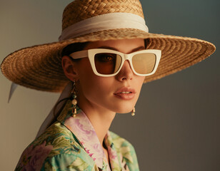 Kobieta w słomkowym kapeluszu i okularach przeciwsłonecznych z jasnymi oprawkami