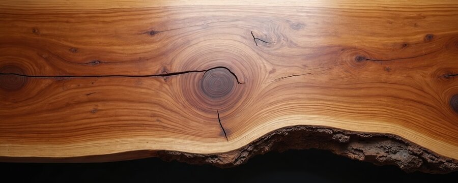 Close up of natural wooden slab with live edge. Surface of elm textured table with wood grain rings. Brown wood panel background for furniture production in carpenter shop. Woodworking concept