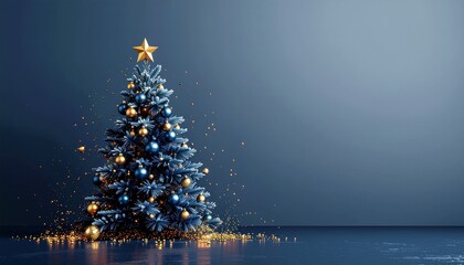 Naklejka na ściany i meble Blue Christmas background with empty space for text and a Christmas tree decorated with gold baubles and a gold star