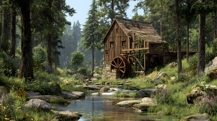 Historic wooden mill house in verdant forest by tranquil stream