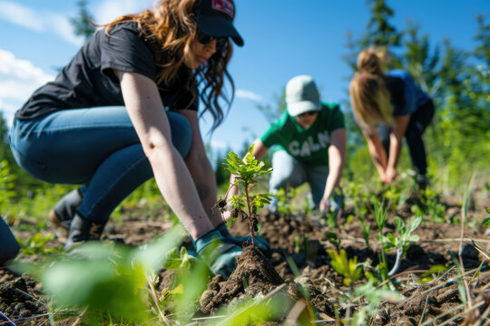 Group of volunteers planting young trees in a field, contributing to environmental conservation and community reforestation efforts. - Powered by Adobe