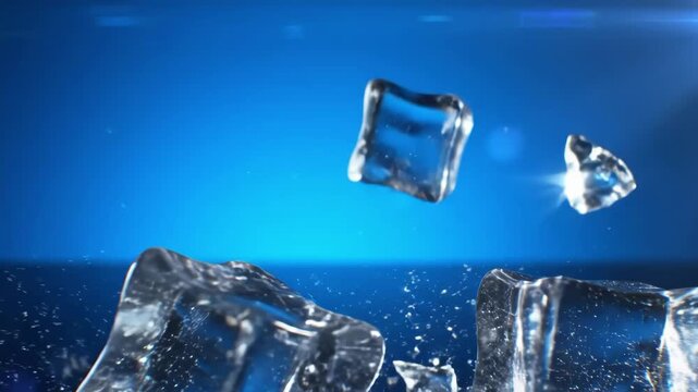 Closeup of clear ice cubes floating against a bright blue background