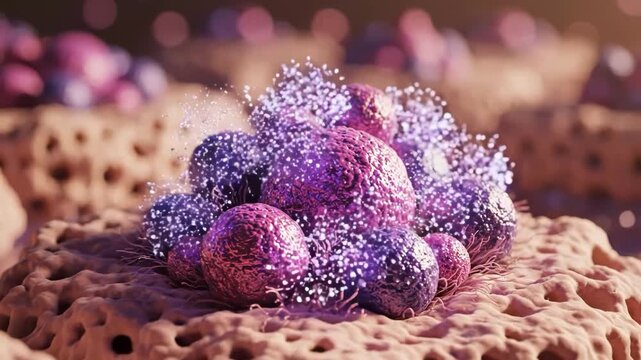 Microscopic view of cancer cells multiplying on tissue surface