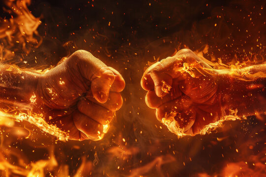 Two fiery fists clashing in an intense explosion of flames and sparks, symbolizing conflict and power.