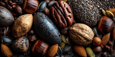 Assorted nuts and seeds arranged on a dark wooden background