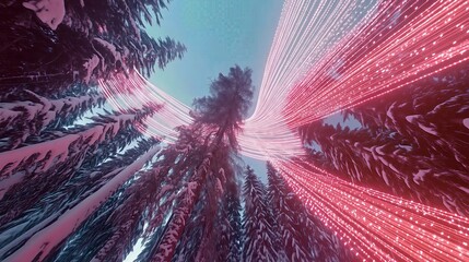 Low angle view of snowy forest trees with abstract pink light trails forming a wing shape in the sky.