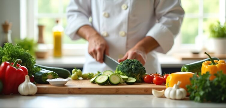 Chef in white coat chopping broccoli on wooden cutting board. Various colorful vegetables around. Kitchen interior with window in background. Healthy food preparation. - Powered by Adobe