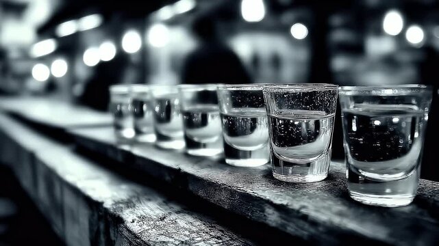 Shot glasses lined up on a wooden bar, ready for a toast.