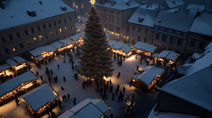 Overhead view of a winter festival in a snow-covered town square, featuring a towering Christmas tree, vendor stalls, and strolling crowds. Festive lighting and seasonal charm.