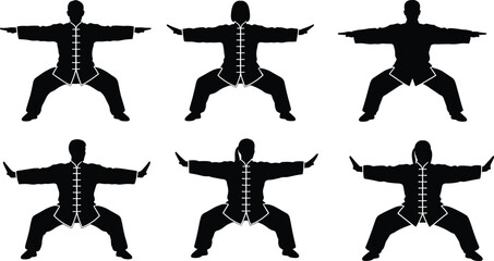 Tai chi martial arts silhouettes demonstrating traditional kung fu stances isolated on white background for meditation fitness training and balance