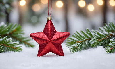 A red glittery star ornament on a snowy surface with blurred green pine branches in the background