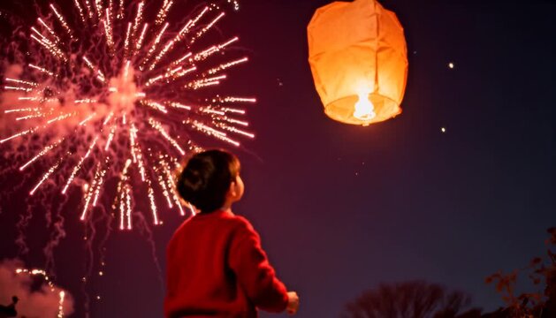 A boy releases a paper Chinese red lantern into sky, celebrating the Chinese New Year