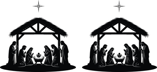 Nativity scene silhouettes of holy family with baby Jesus, Christmas religious illustration isolated on white background, vector art design set